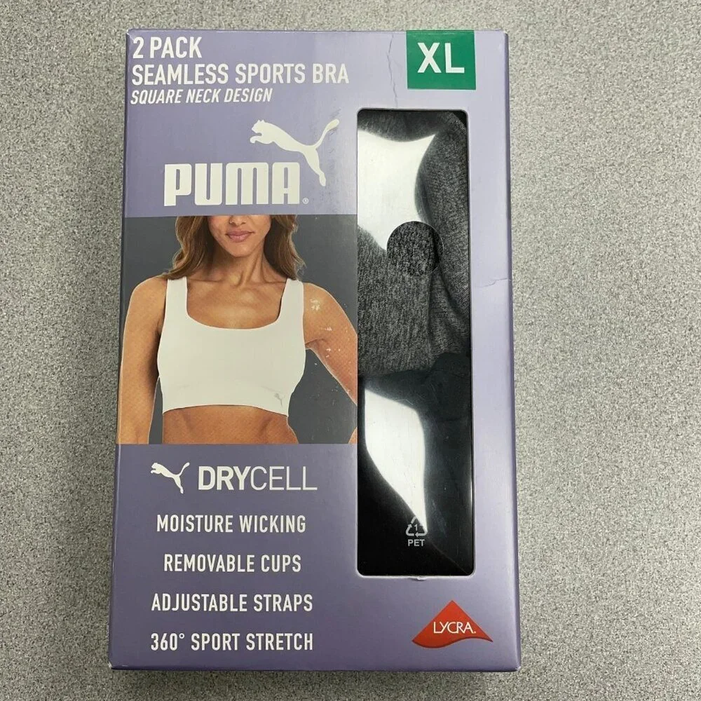 NEW Puma Black Gray  Women's XL 2 Pack Seamless Sports Bra Square Neck G1751
